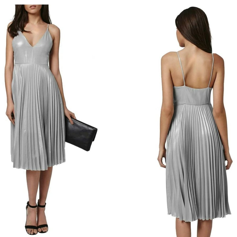 TOPSHOP Metallic Plunge Pleat Midi Dress